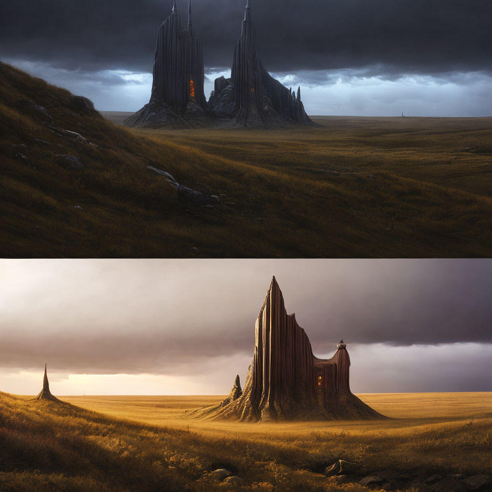 Fantasy landscape with imposing structures on grassy hills under dramatic sky