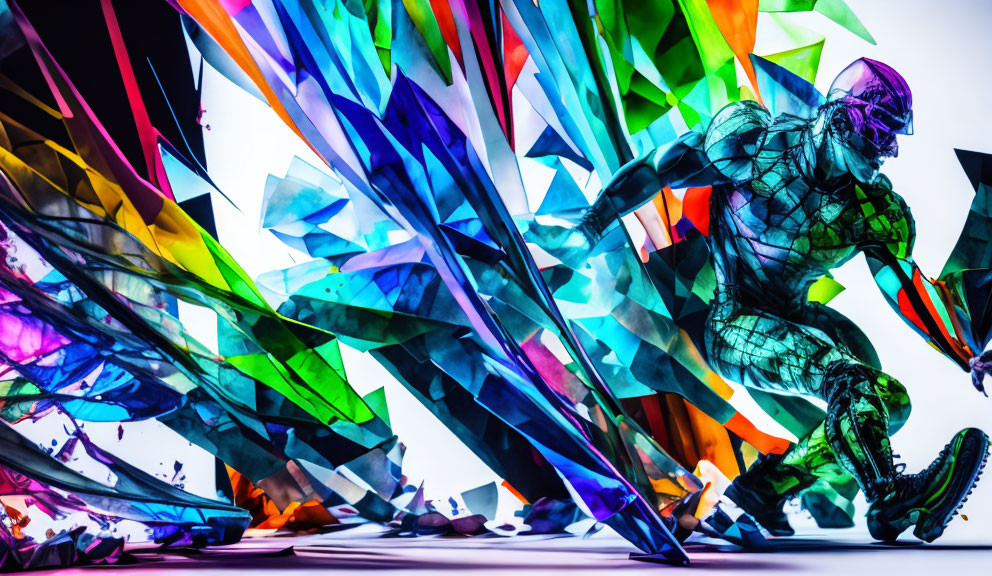 Dynamic digital artwork: Figure in motion among colorful geometric shapes