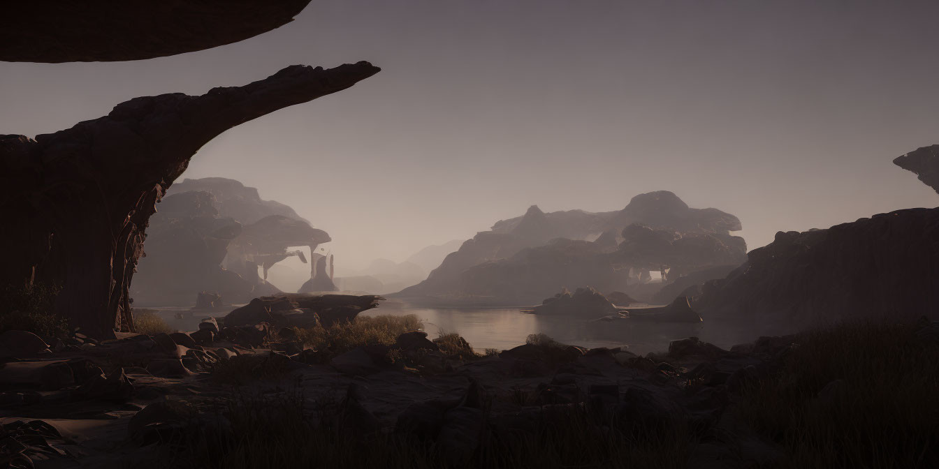 Tranquil Dusky Landscape with Rock Formations and Water Arch Reflections