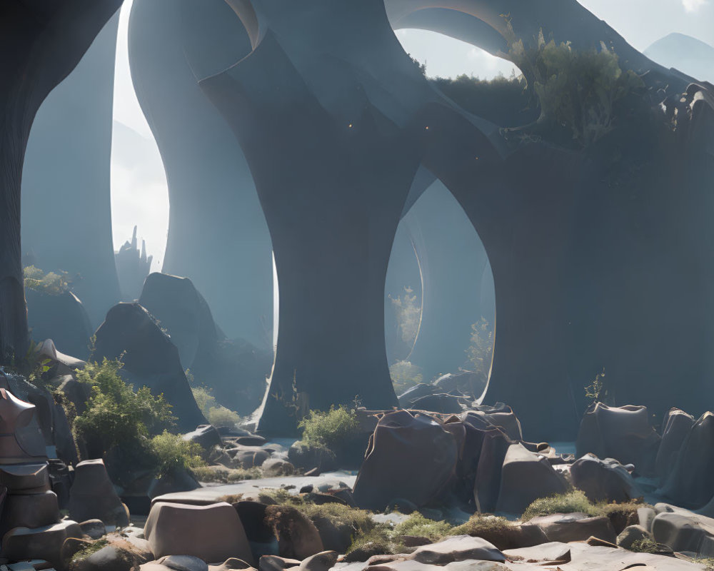 Alien landscape with towering arches, lush vegetation, scattered rocks, and unusual structures