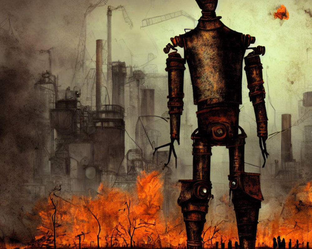 Giant robot in dystopian landscape with industrial towers and fires