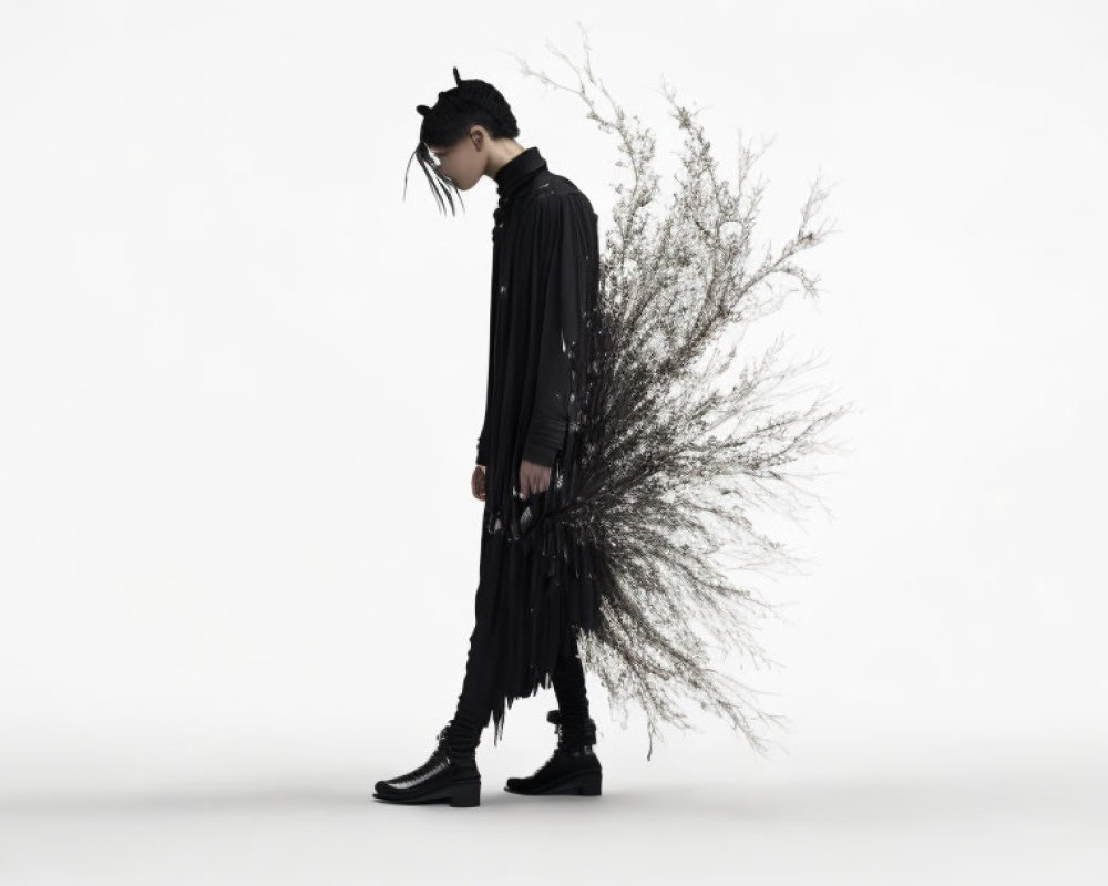 Person in Black Outfit with Branches on White Background