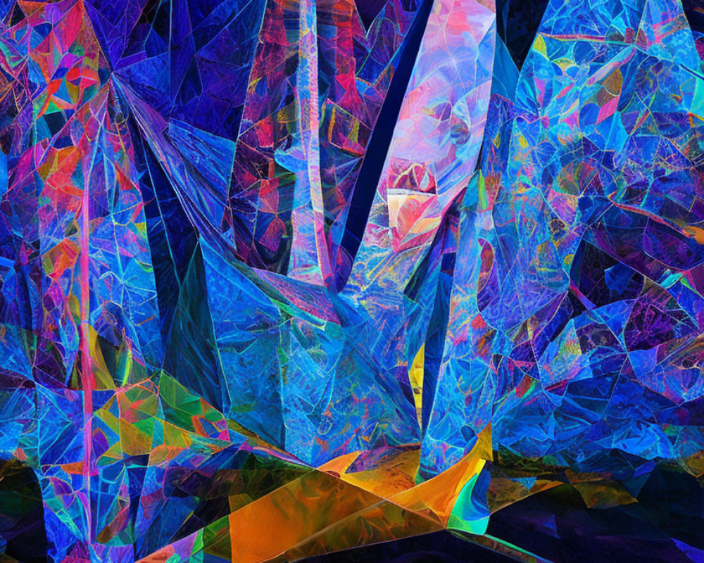 Colorful Geometric Digital Artwork with Intricate Patterns in Blues, Purples, Yell