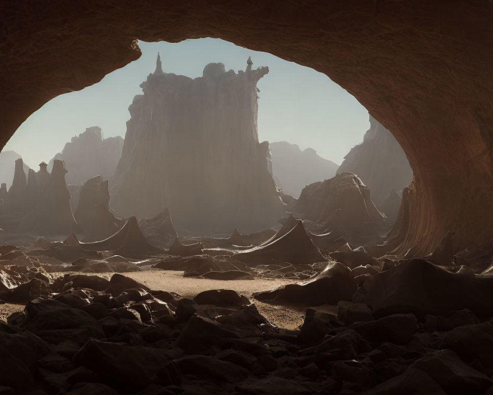 Expansive landscape of tall rock formations from cave view