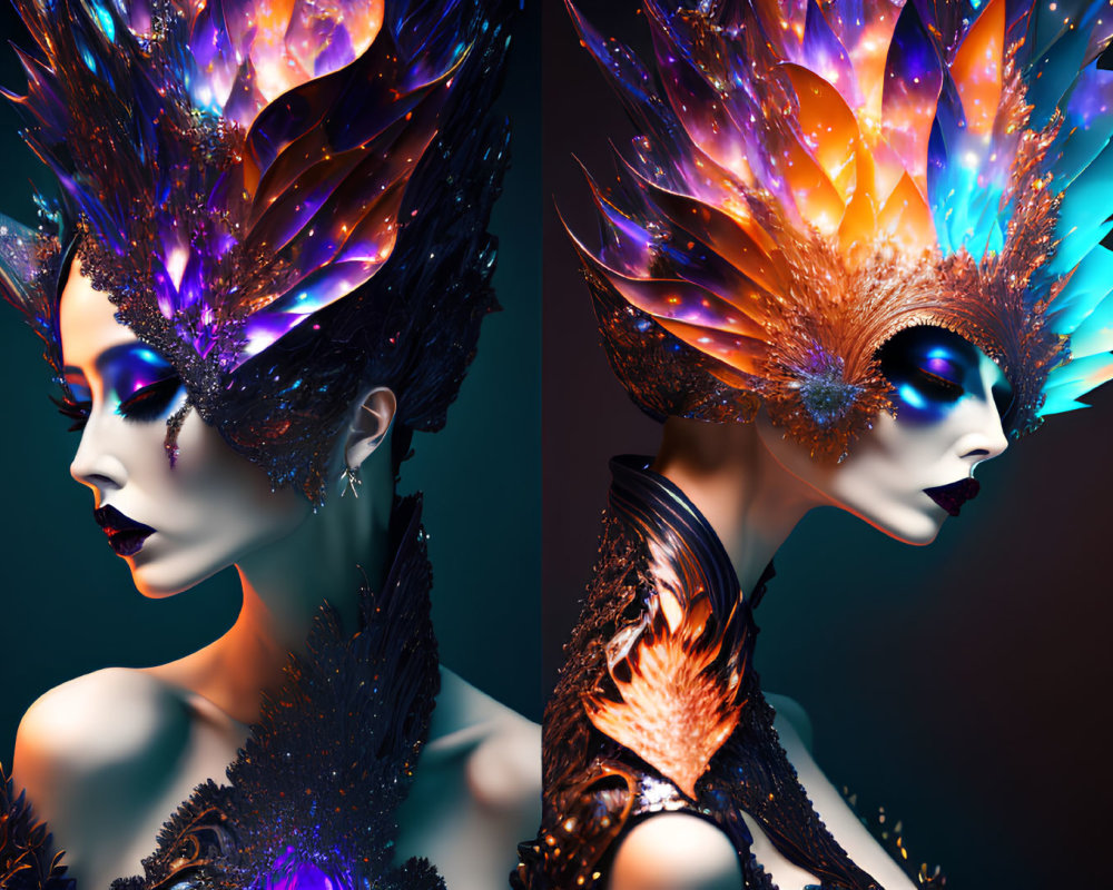 Artistic portraits of model with fantasy makeup and feathered headdresses in vibrant blue and orange hues on