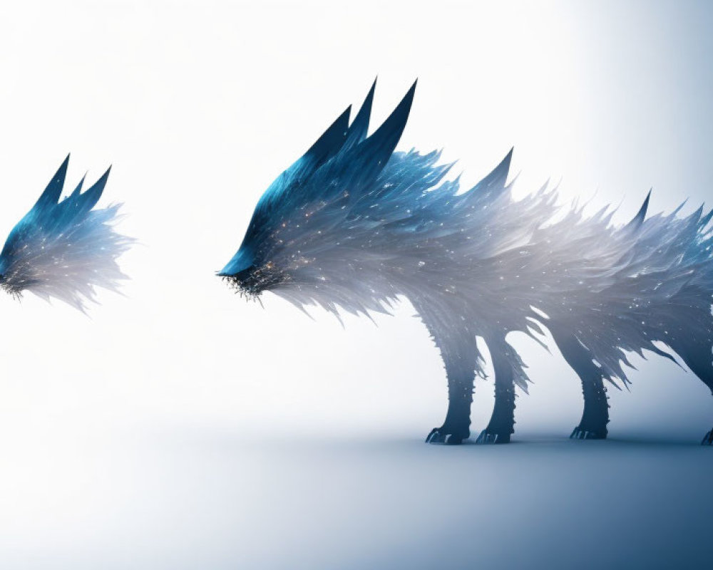 Ethereal blue crystalline creatures with sharp edges walking together