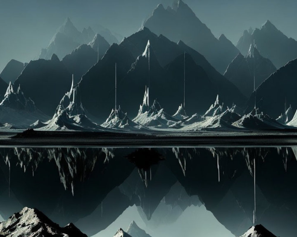 Jagged mountains reflected in serene water under dusky sky