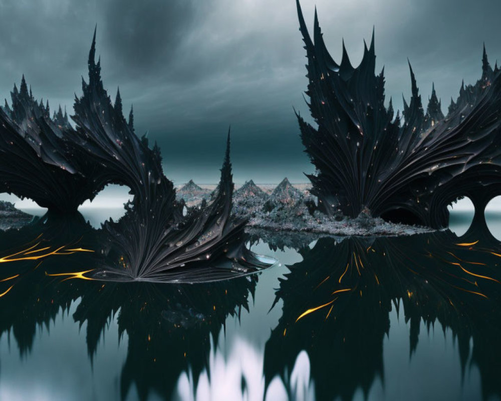 Dark Spiky Wing-like Structures Reflecting on Water in Surreal Landscape