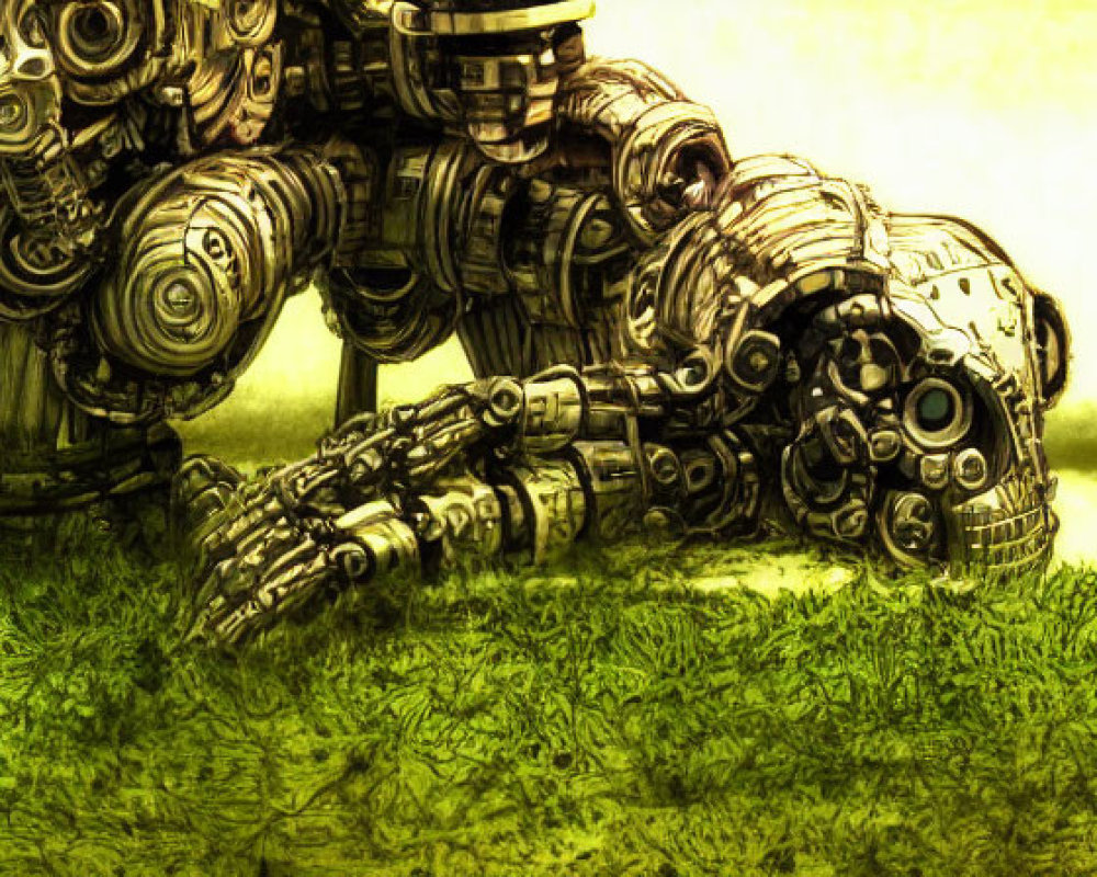 Mechanical humanoid robot hand on grassy field in sepia tones