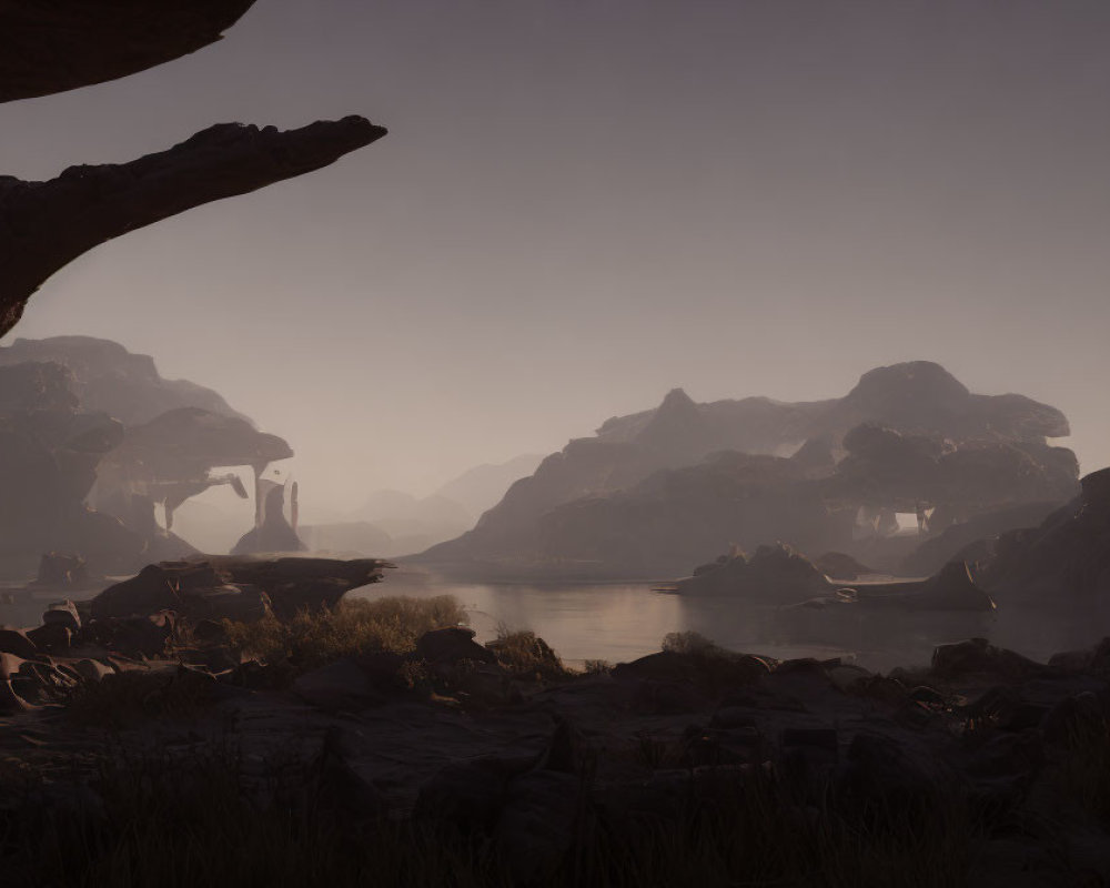 Tranquil Dusky Landscape with Rock Formations and Water Arch Reflections