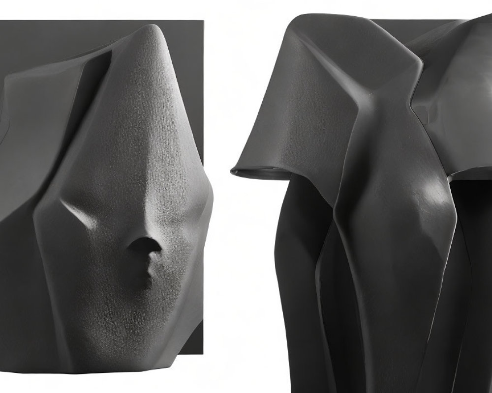 Abstract grayscale sculpture featuring human-like facial features emerging from flowing form