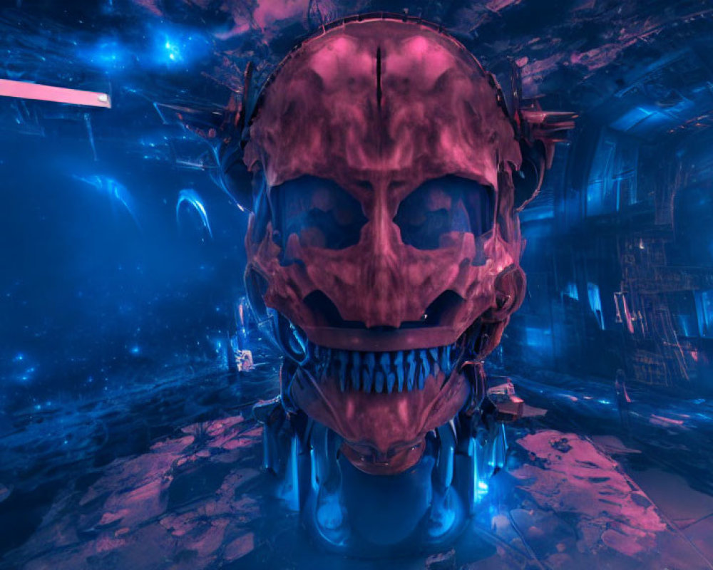 Glowing-eyed skull in futuristic neon room with cosmic backdrop