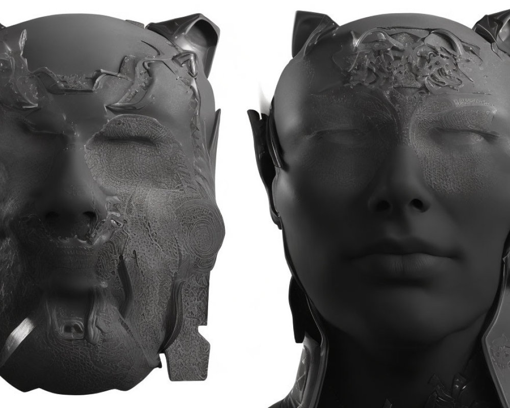 Split 3D-rendered faces: one damaged, one smooth, with feline-esque ears