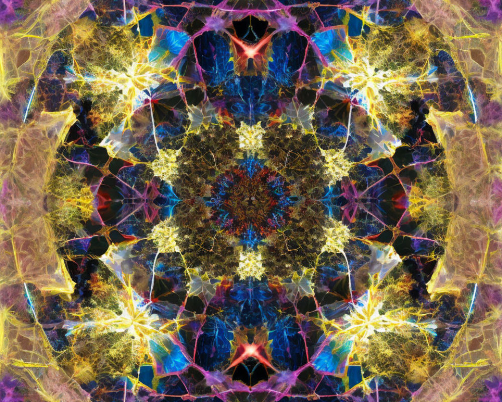 Colorful symmetrical kaleidoscopic pattern with fractal textures and star-like central motif.