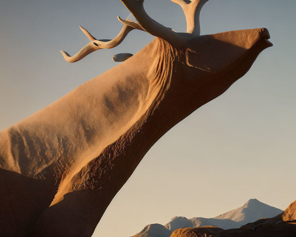 Large Deer with Exaggerated Antlers in Desert Landscape at Sunset