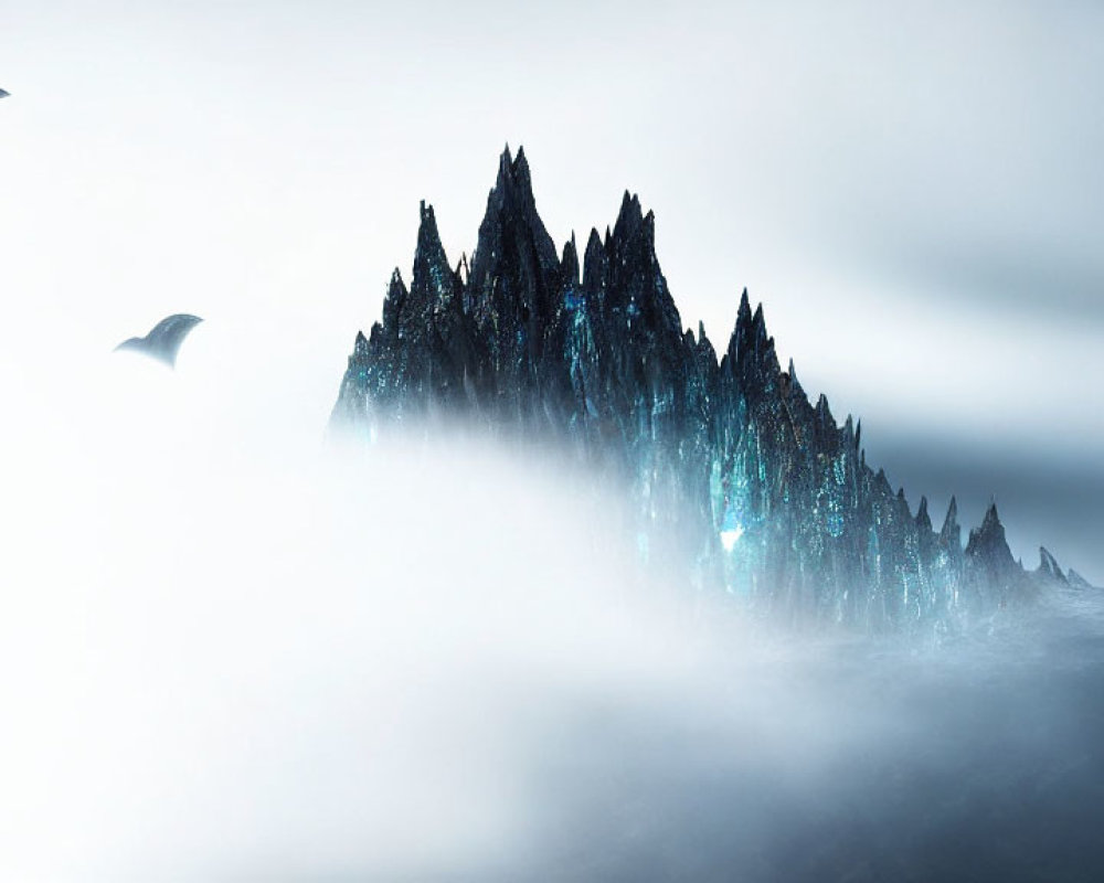 Misty landscape with dark mountain peaks and flying birds