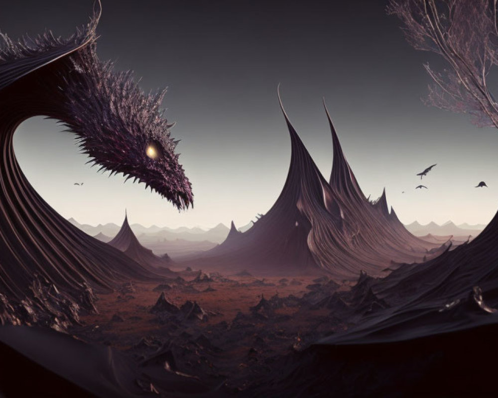 Fantastical landscape: dragon-like entity, spiky mountains, dusky sky, birds in