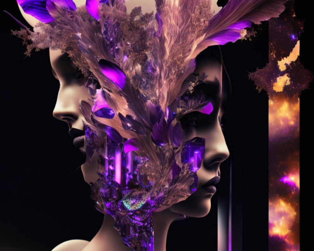 Surreal digital artwork: Two faces with glowing structures in cosmic background