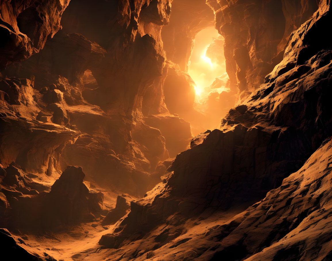 Sunlit rugged cave with warm glowing light in rocky terrain