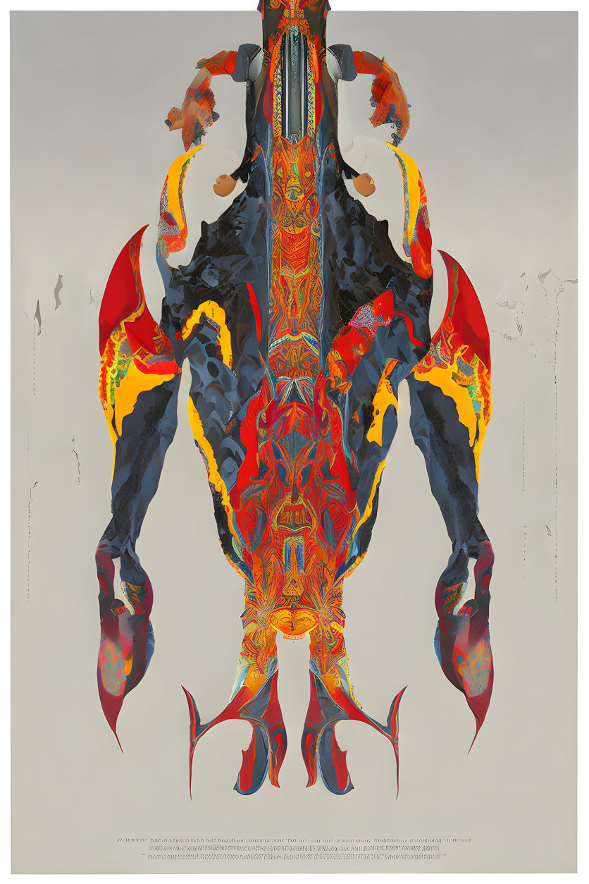 Symmetrical abstract lobster art with vibrant colors.