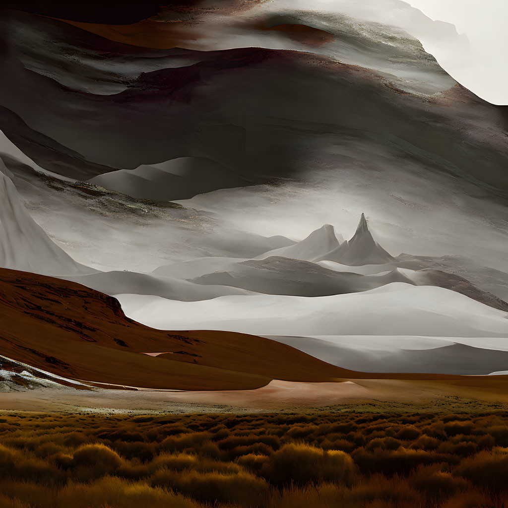 Desert Dunes, Rock Formations, Snowy Peaks in Surreal Landscape