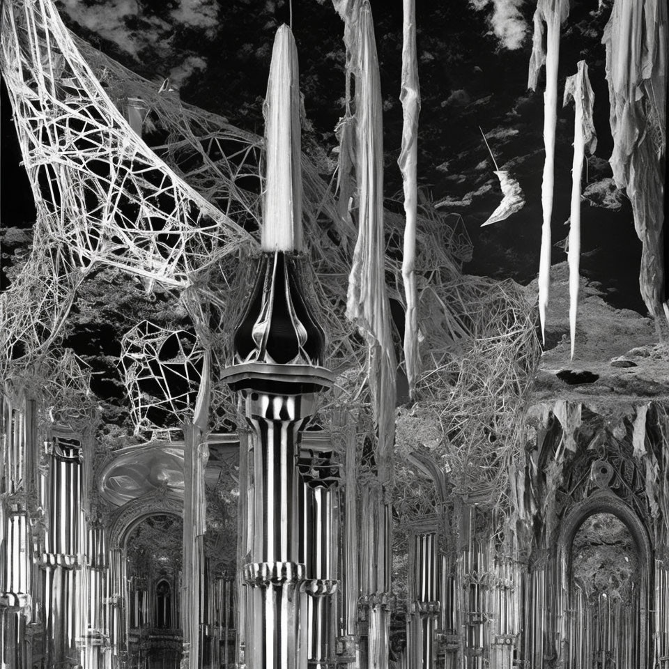 Surreal monochrome landscape with cobweb structures and gothic spires