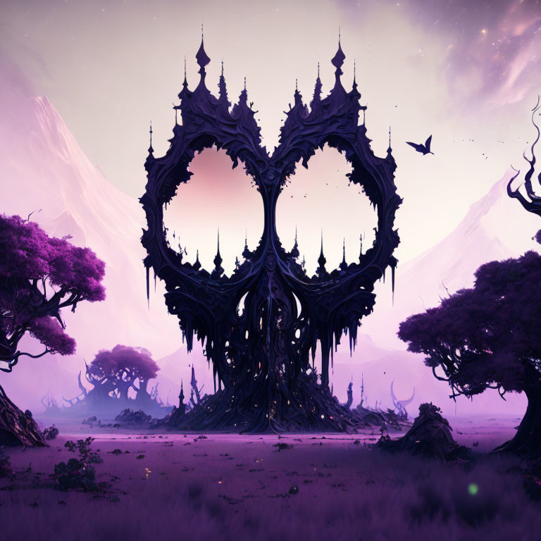 Large Heart-Shaped Tree in Fantastical Purple Landscape