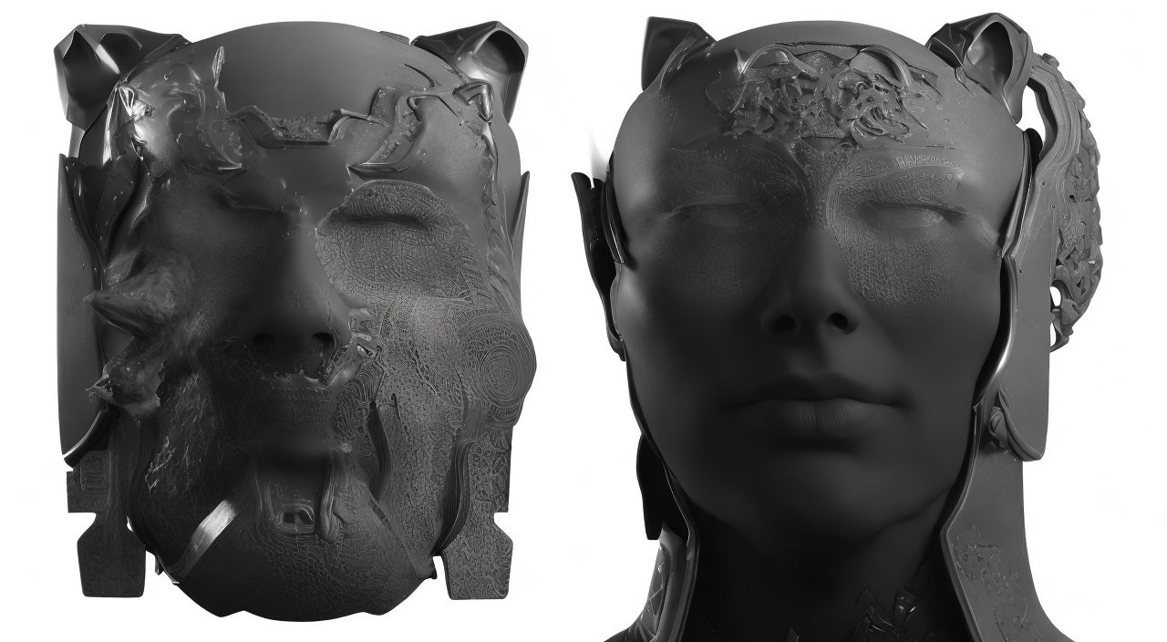 Split 3D-rendered faces: one damaged, one smooth, with feline-esque ears