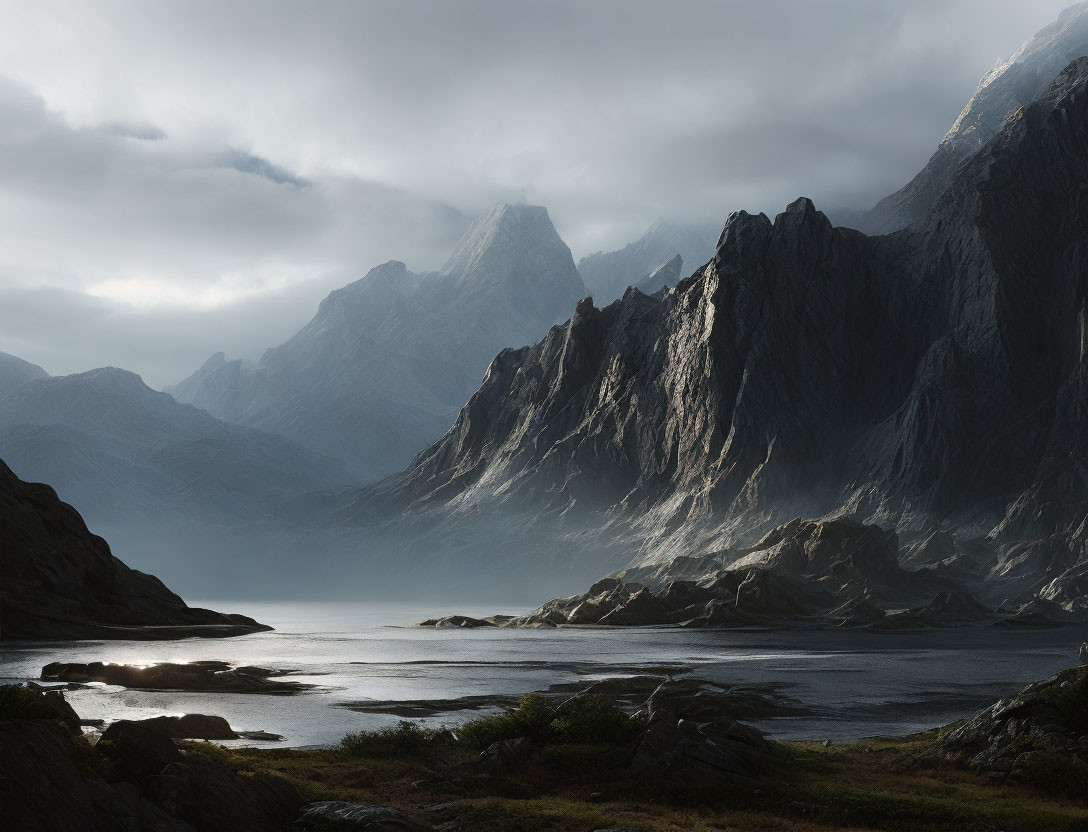 Rugged mountains and serene lake under moody sky