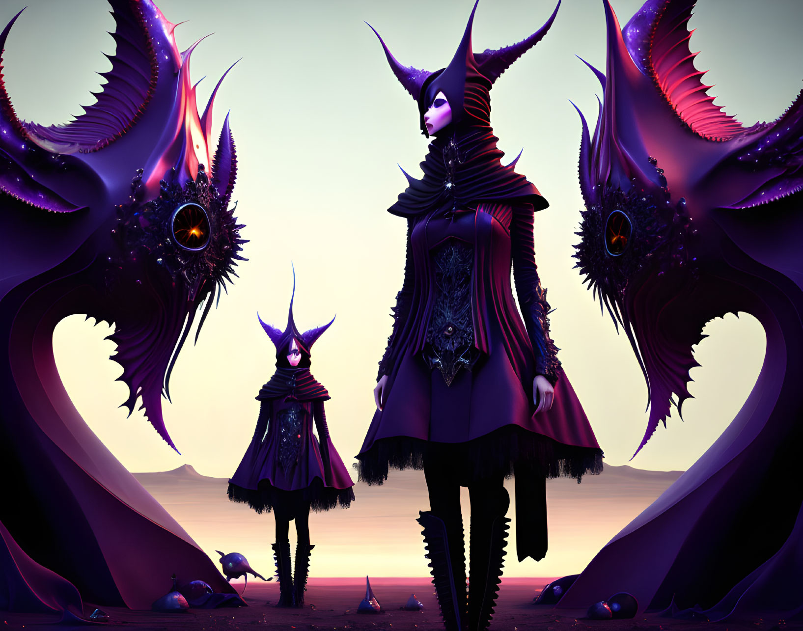 Three stylized characters in dark, spiky attire with two menacing creatures on a purple dusk background