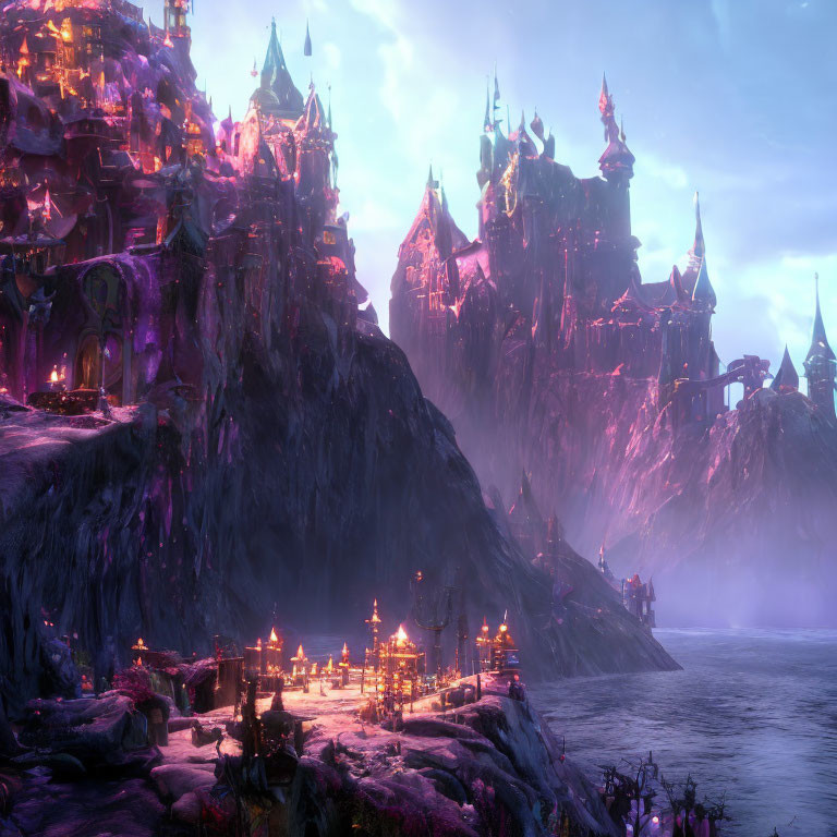 Ethereal fantasy landscape with illuminated castles and serene water at dusk