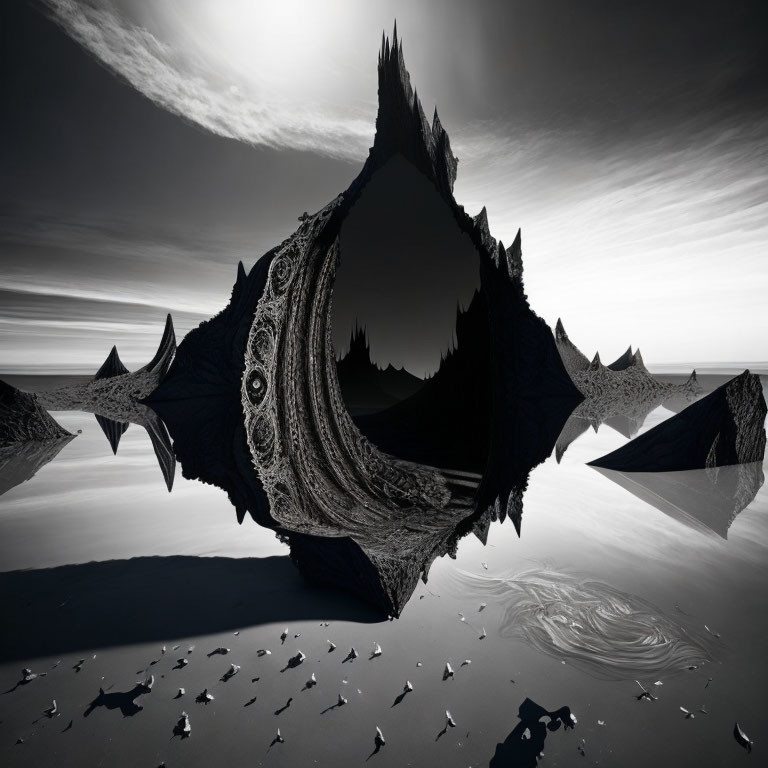 Monochrome surreal landscape with intricate spiky structure and reflections