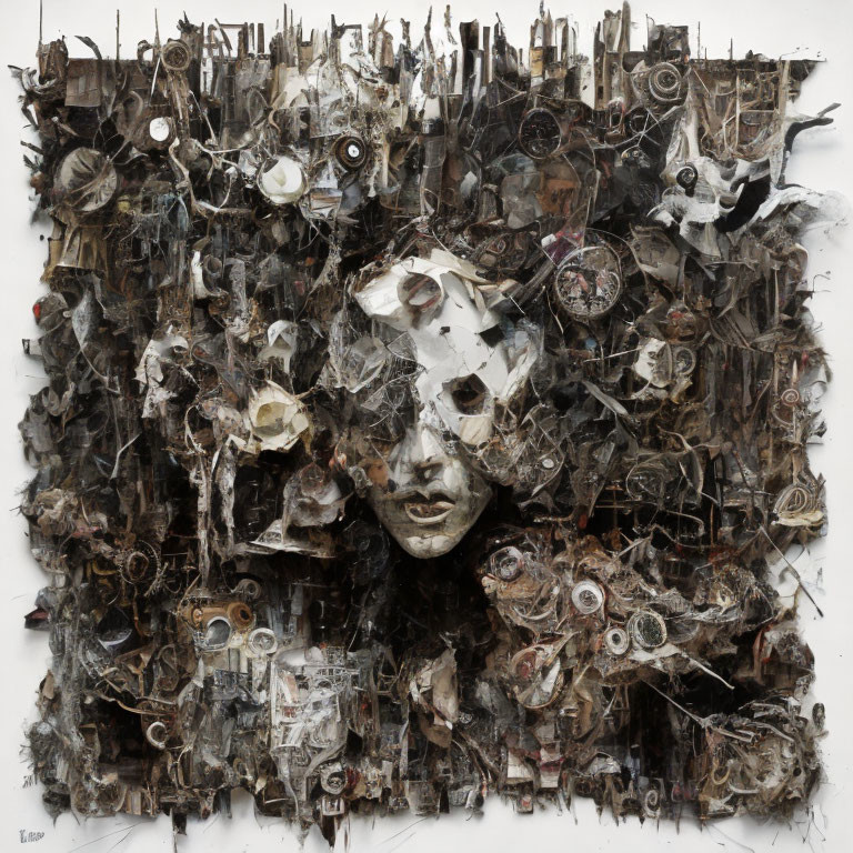 Mixed-Media Wall Sculpture Featuring White Face and Dark-Toned Debris