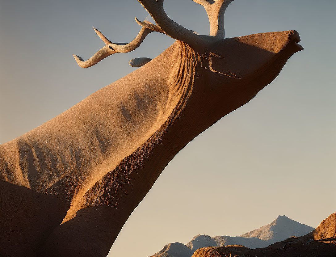 Large Deer with Exaggerated Antlers in Desert Landscape at Sunset