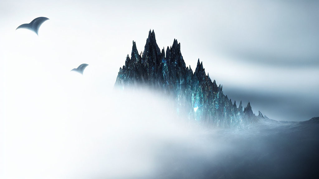 Misty landscape with dark mountain peaks and flying birds