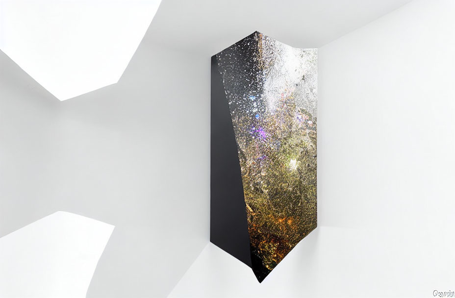 Shimmering cosmic pattern on black monolith in angular white room