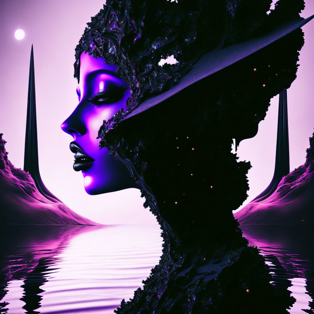 Surreal female figure with tree-like features in purple landscape