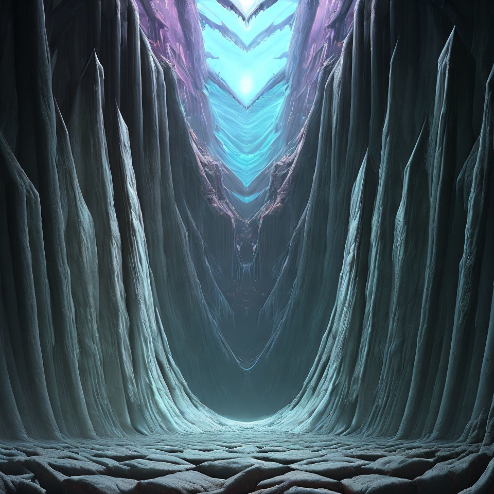 Mystical blue-lit ice cavern with sharp walls