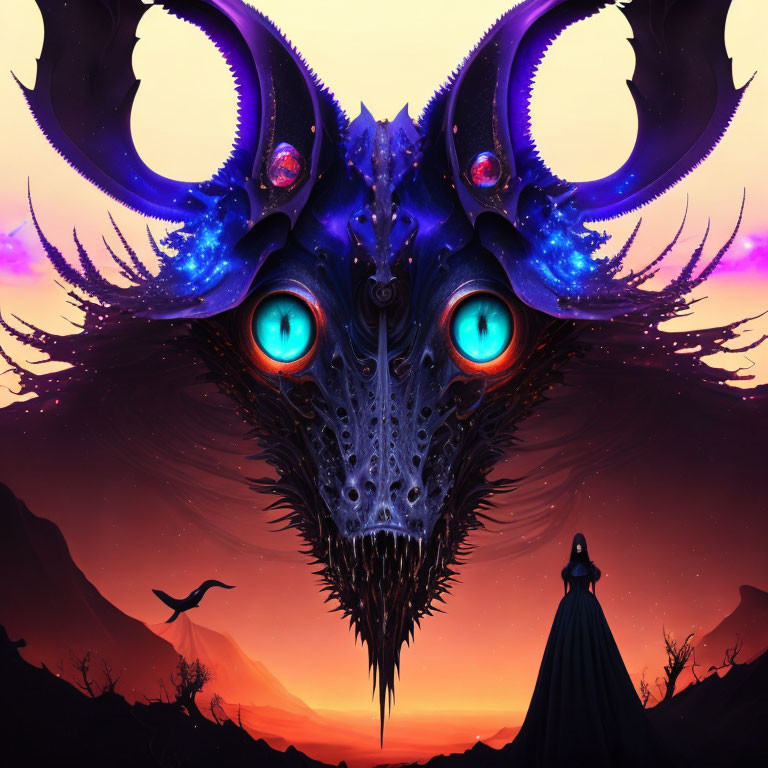 Person confronting giant dragon under purple-orange sky