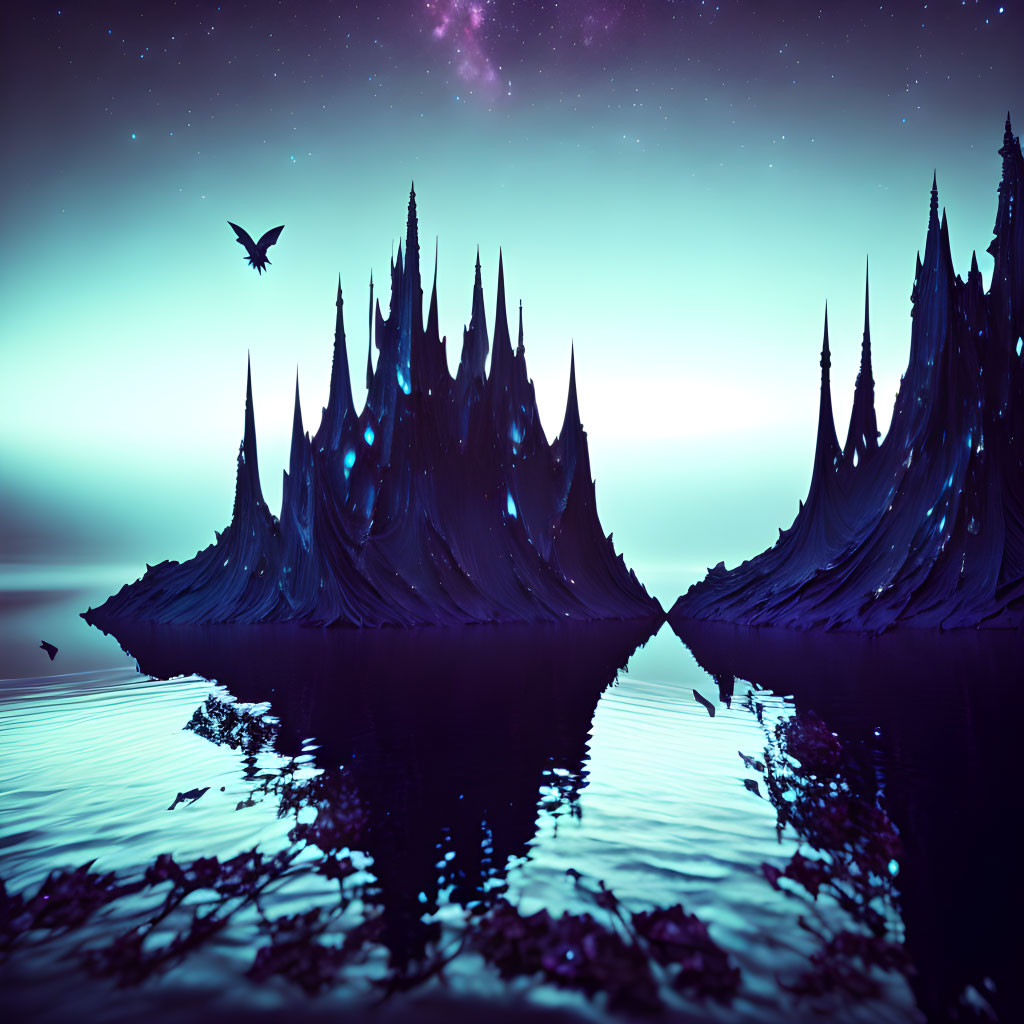 Mystical landscape with spiky mountains, water reflection, starry sky, and birds