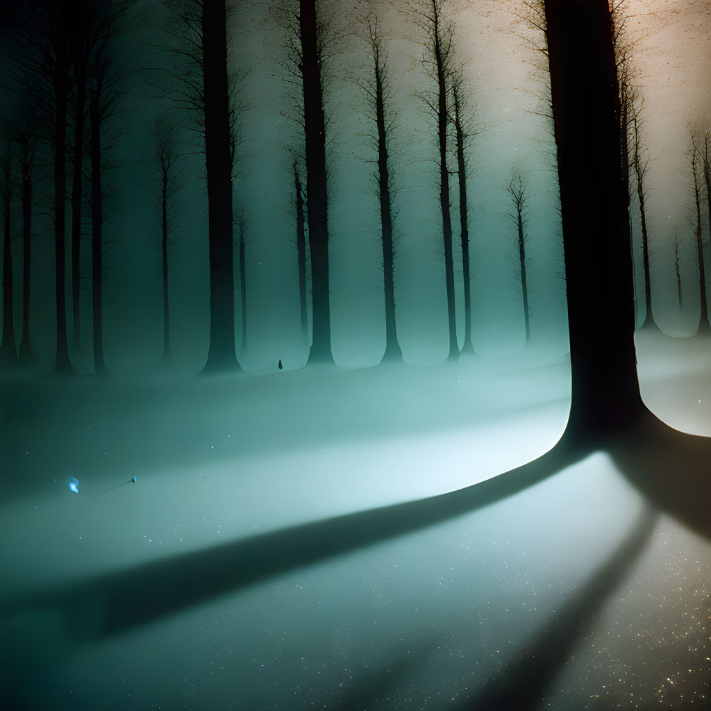 Enchanting foggy forest with diffused light and tall silhouetted trees