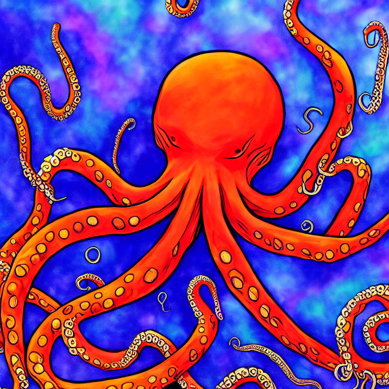 Colorful Red Octopus Illustration on Blue Background