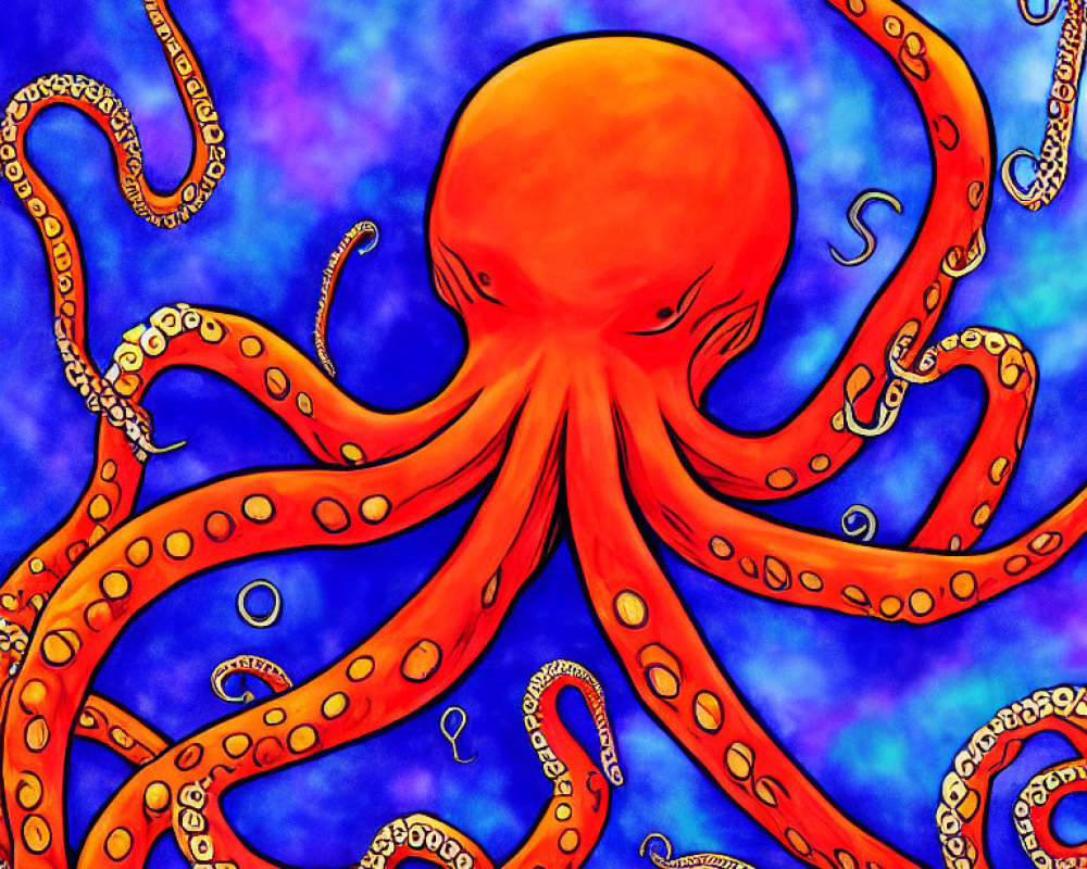 Colorful Red Octopus Illustration on Blue Background