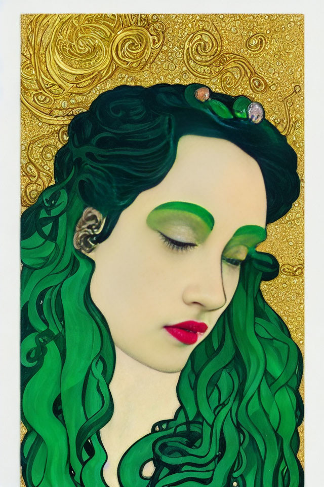 Stylized portrait of woman with green hair and makeup on textured gold background