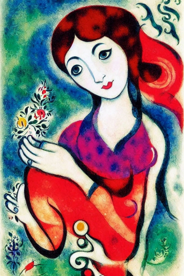 Vibrant painting of stylized woman with red hair and dress, holding a flower