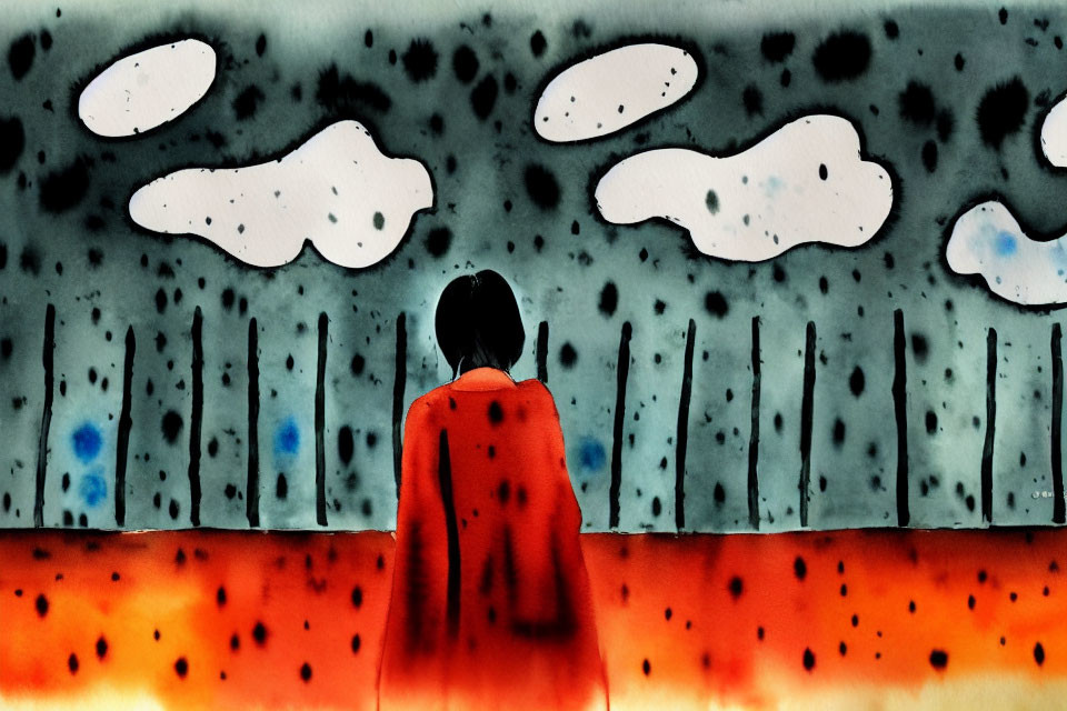 Person in Red Coat Against Vibrant Abstract Backdrop