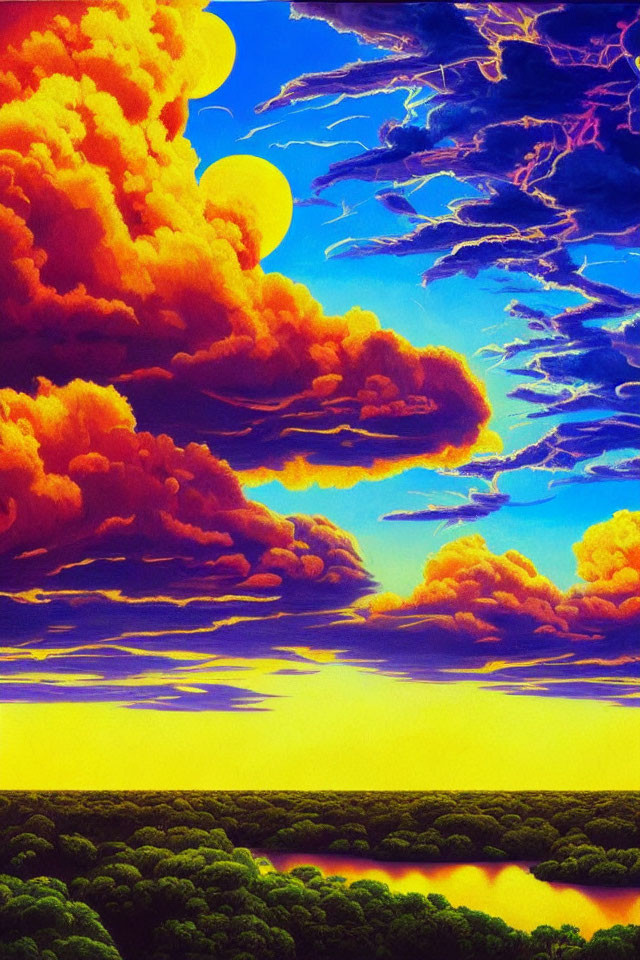 Vibrant surreal sky with orange clouds and blue-violet lightning