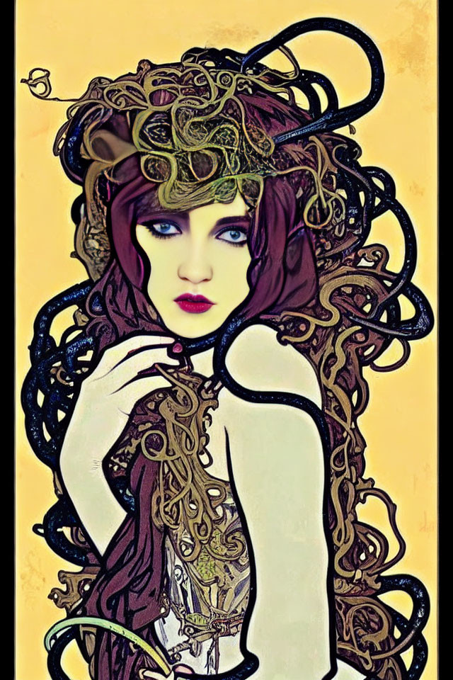 Stylized artistic representation of woman with blue eyes and serpentine figures on golden background