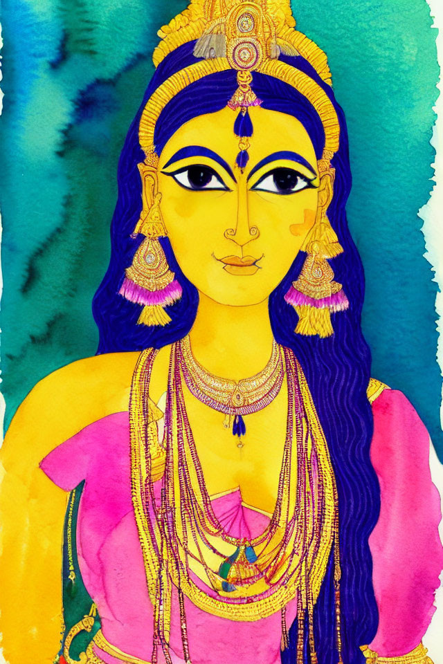 Vibrant watercolor illustration of female figure with yellow skin and blue hair in traditional Indian jewelry against