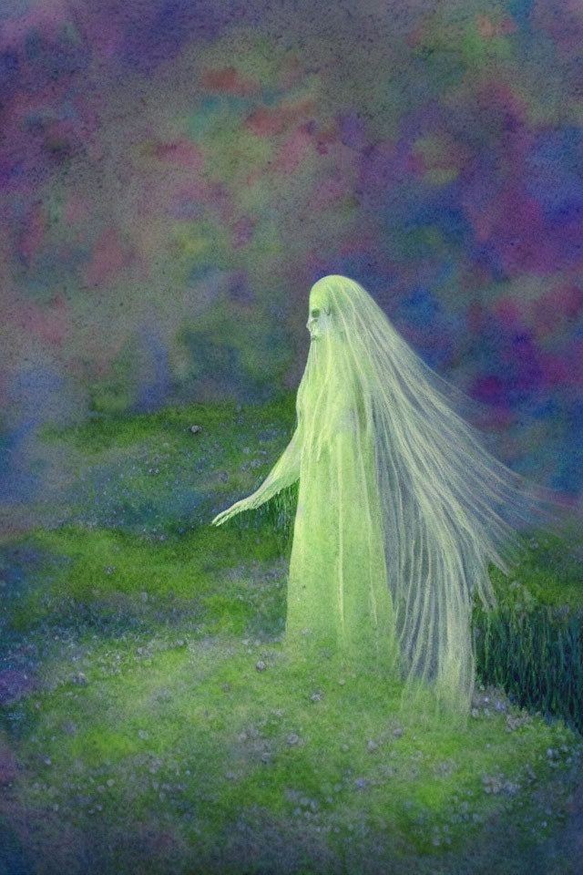 Spectral figure with long hair in misty landscape with greenery